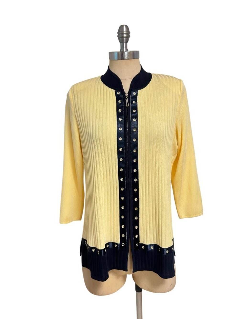 Exclusively Misook Yellow & Navy Ribbed Knit Cardigan Medium